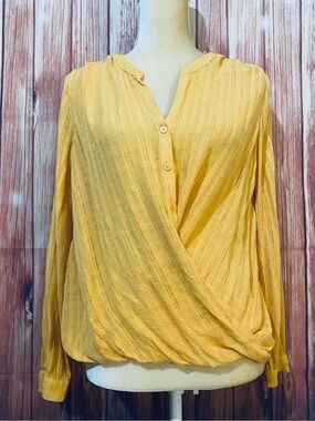 Women’s Medium Blouse ANA Mustard Wrap Look Long Sleeves Soft Semi Sheer V Neck